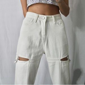 white straight fit cut out jeans